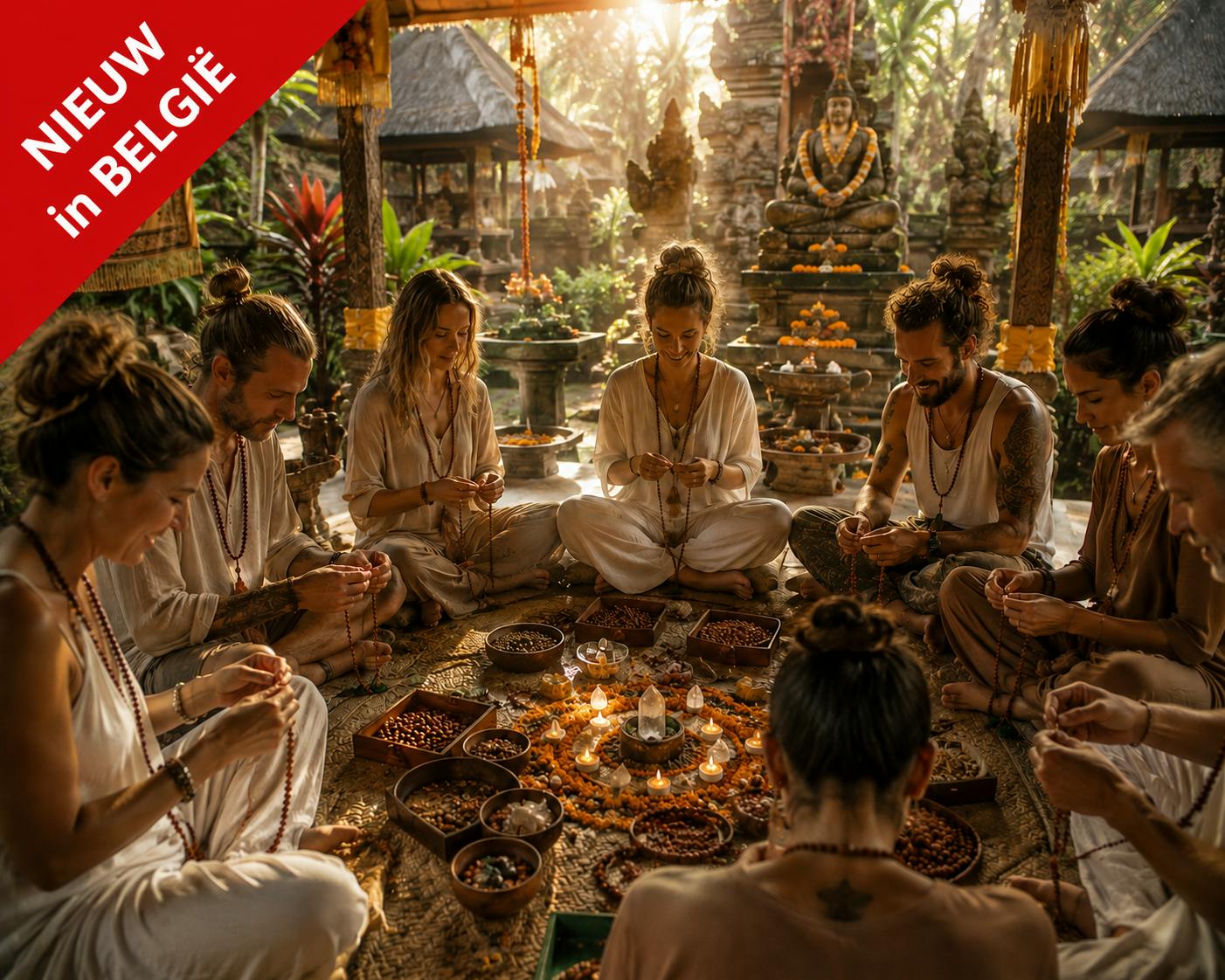 Tijdens deze workshop van ongeveer twee uur rijg je, samen met andere deelnemers, je eigen mala uit honderdacht Rudraksha-kralen.
