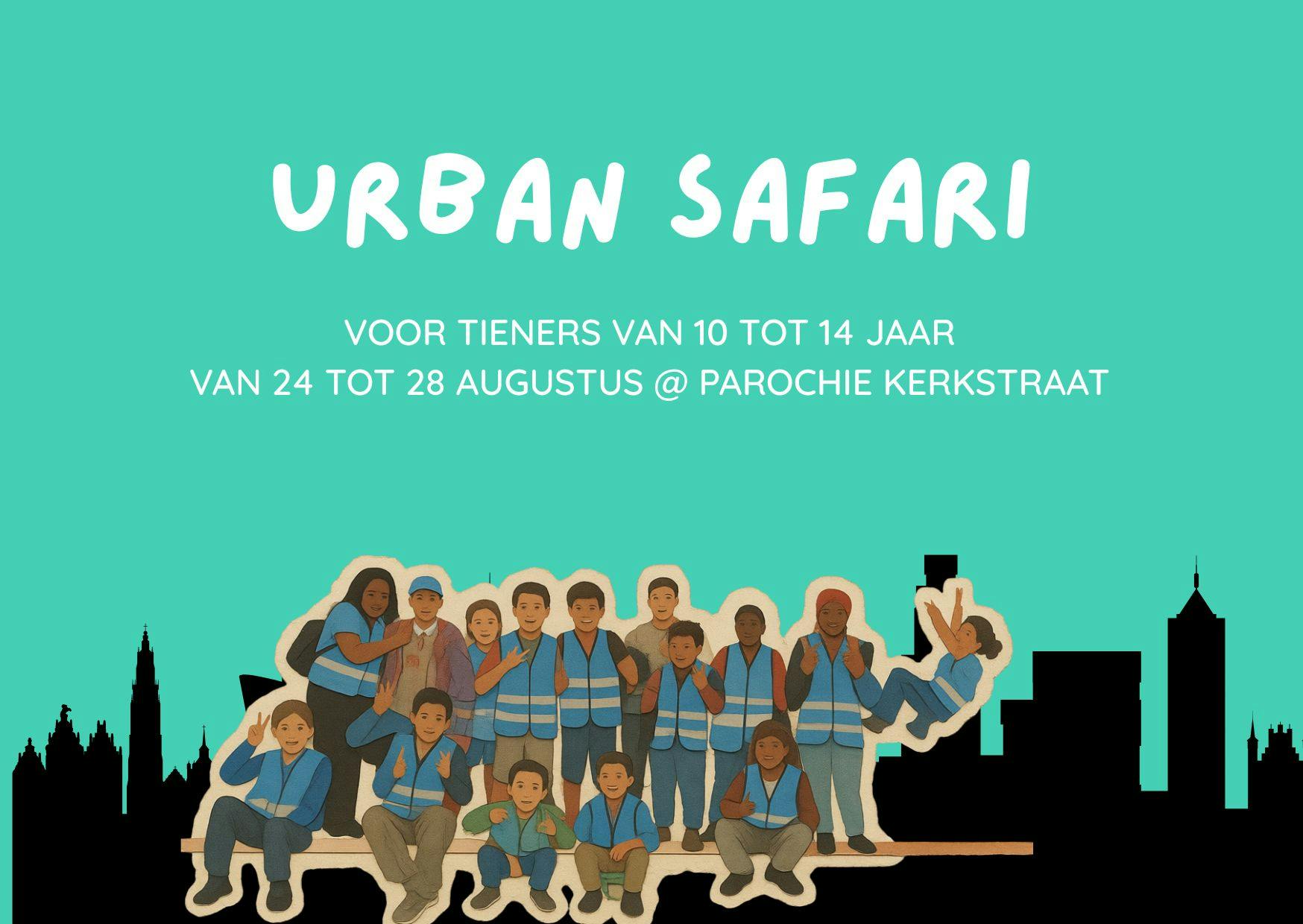 Groep kinderen die voor een skyline staan