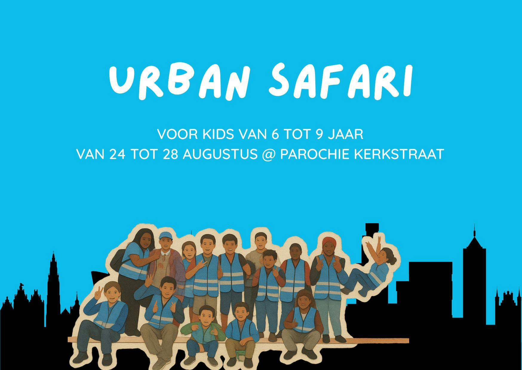 Groep kinderen die voor een skyline staan
