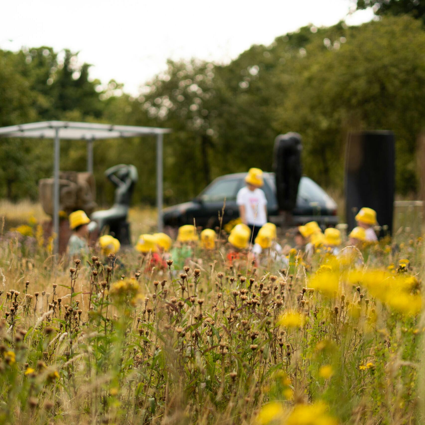 Een veld met gele bloemen, op de achtergond spelen kinderen met gele hoedjes